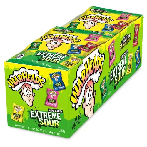 WARHEADS - Extreme Sour Hard Candy - Sabores de manzana agria, cereza negra, frambuesa azul, limón y sandía - Bolsas de 1 onza - Paquete de 12