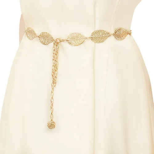 Miniatura 6 de Coucoland Cinturón de cadena de cintura ajustable para mujer, diseño de hoja de metal para vestido, Oro