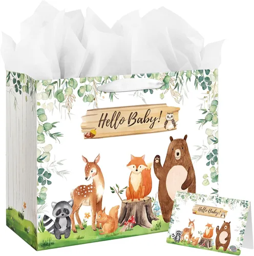 Laidans Bolsa de regalo de 16.5 pulgadas para baby shower o cumpleaños con asa, papel de seda y tarjeta de felicitación (diseño de animales del