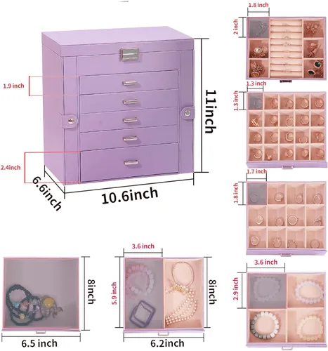Miniatura 4 de BOOVO Joyero para mujer, organizador de joyas grande de 6 capas con espejo, caja de almacenamiento multifunción con cerradura, soporte