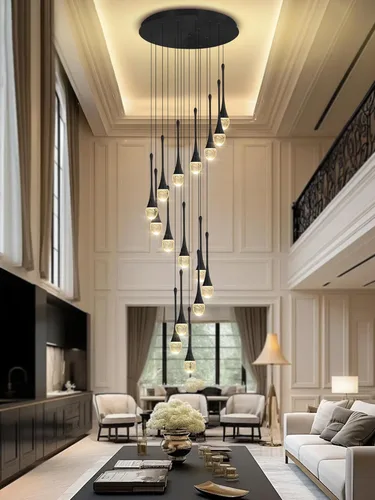 Miniatura 19 de ykolupty Candelabro Moderno de 138'', 20 Luces, Lámpara Colgante Moderna Negra, Candelabro Grande para Escalera, Vestíbulo, Sala de Estar, Negro