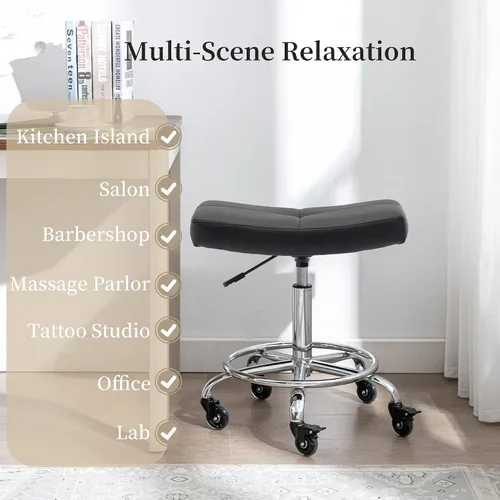 Miniatura 7 de Taburete con ruedas ajustable con asiento extra ancho, ruedas de goma bloqueables y reposapiés, silla giratoria para cocina, laboratorio, oficina