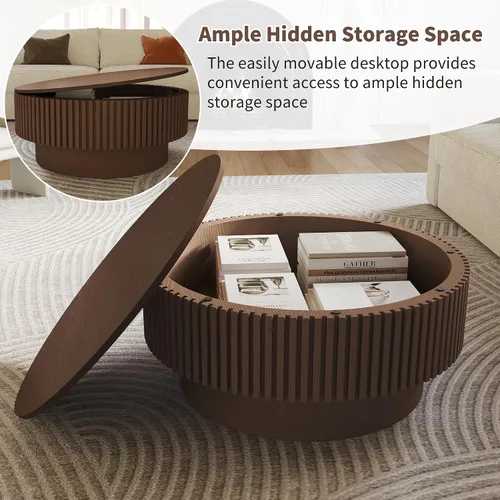 Miniatura 7 de Mesa de centro redonda con almacenamiento, mesas de centro de madera acanalada modernas con base resistente, mesa de té central circular de tambor