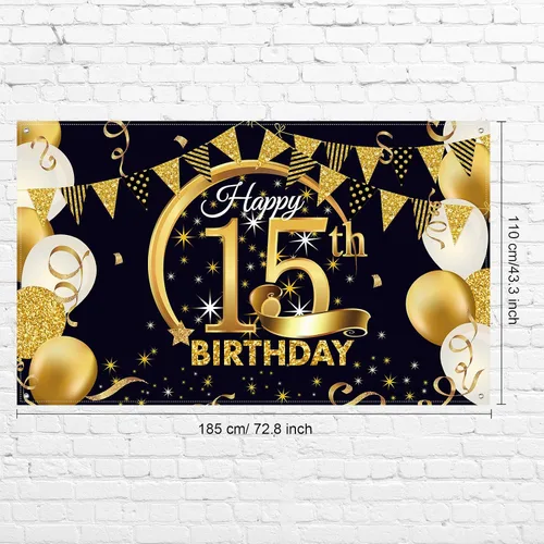 Miniatura 2 de Decoración de fiesta de cumpleaños número 15, cartel póster de tela extra grande negro y dorado para telón de fondo de cabina de fotos
