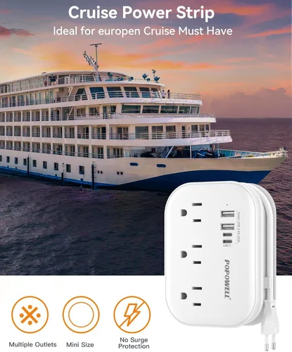 Miniatura 5 de Adaptador de enchufe europeo, regleta de alimentación de viaje UE/Reino Unido/EE. UU. con 3 salidas y 4 puertos USB (3.4A), adaptador de corriente