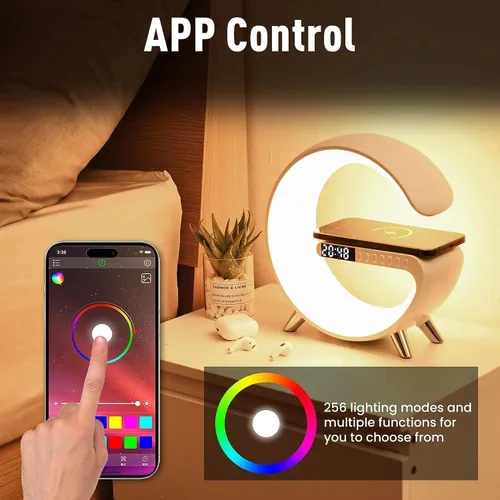 Miniatura 6 de Lámpara de mesa LED inteligente 4 en 1, reloj despertador, cargador inalámbrico, luz nocturna, altavoz Bluetooth con control de aplicación, lámpara