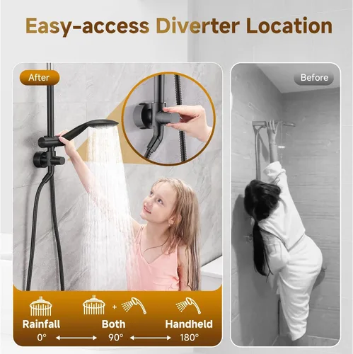 Miniatura 4 de BRIGHT SHOWERS Sistema de ducha, cabezal de ducha tipo lluvia de 9 pulgadas con ducha de mano de 5 funciones, combo de ducha doble con soporte