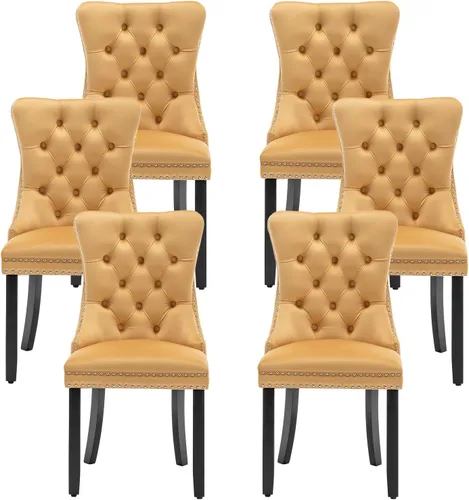 Miniatura 23 de Juego de 6 sillas de comedor de cuero, sillas de comedor tapizadas con ribete de cabeza de clavo y patas de madera maciza, silla auxiliar de comedor