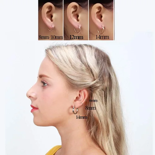 Miniatura 5 de Aretes de acero inoxidable 316L, argollas de 1564, 516, 2564, 716, 1532 y 3564 pulgadas, arracadas hipoalergénicas, para el cartílago, hélix