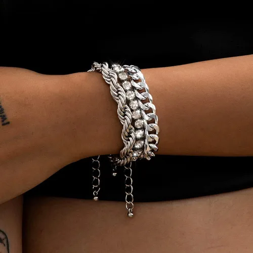 Miniatura 2 de Octwine Juego de pulseras de diamantes de imitación de moda para mujer, oro y plata, con colgante grueso, cadena apilable, brazalete ajustable