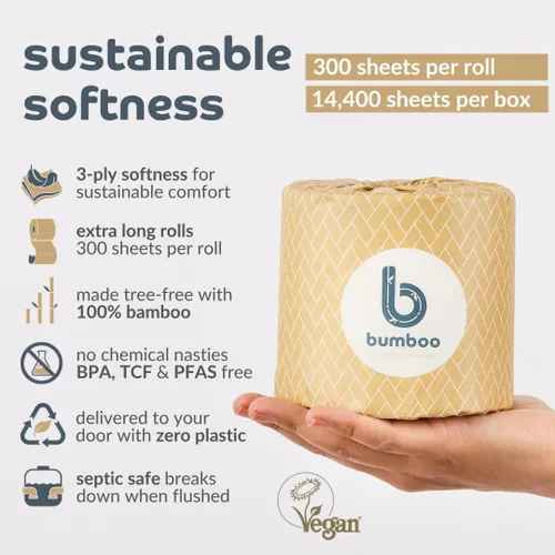 Miniatura 3 de Bumboo Paquete de 48 rollos de papel higiénico de bambú Papel higiénico envuelto de 3 capas, 300 hojas Papel higiénico ecológico a granel