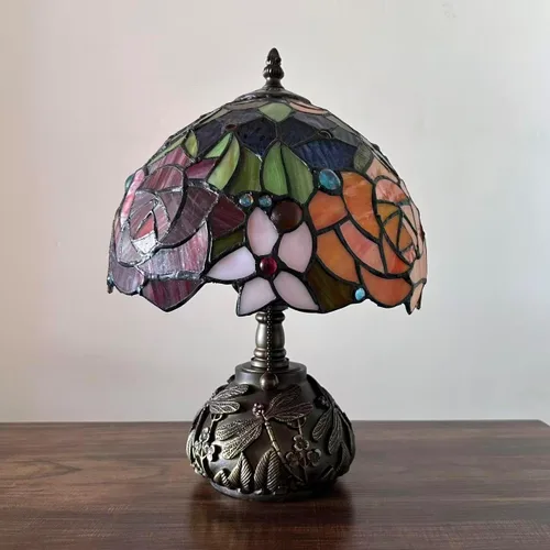 Miniatura 5 de Tiffany - Lámpara de mesa con diseño de flores, color rojo, naranja y azul, incluye base de libélula para sala de estar, dormitorio, mesita