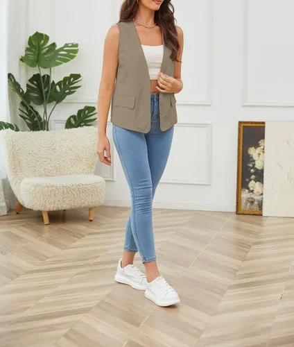 Miniatura 8 de YWS - Chalecos de moda para mujer, casual, sin mangas, con cuello en V, chaleco de lino y algodón
