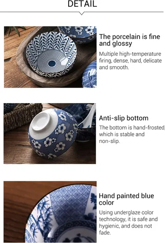 Miniatura 6 de Gegong Paquete de 6 cuencos de cerámica, cuencos de arroz de estilo japonés, cuencos de porcelana azul y blanca de 10 onzas, cuencos de cereales