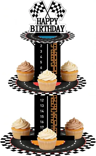 Miniatura 3 de Soporte de 3 niveles para cupcakes de autos de carreras en blanco y negro, decoración de fiesta de cumpleaños, para carreras, auto de carreras