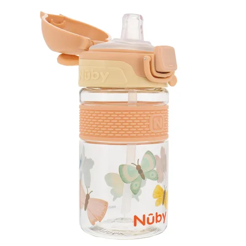 Nuby Thirsty Kids Flip-It Bolt - Vaso para niños pequeños con cierre de botón y boquilla de silicona, 12 onzas, fácil agarre y resistente a