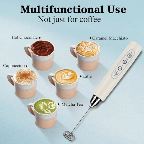Miniatura 8 de BSRGMS Espumador de leche de mano para café, batidor eléctrico de 3 velocidades ajustables, mezclador de bebidas con 3 batidores de acero