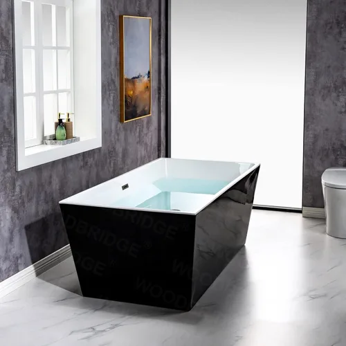 Miniatura 12 de WOODBRIDGE Bañera de acrílico independiente de 67 pulgadas, bañera negra de remojo contemporáneo con desbordamiento y drenaje negro mate, BTA1812-MB
