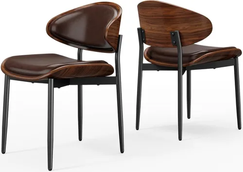 Miniatura 53 de REONEY - Juego de 4 sillas de comedor, modernas de mediados de siglo, tapizadas en piel sintética PU con respaldo de madera curvada de nogal y patas