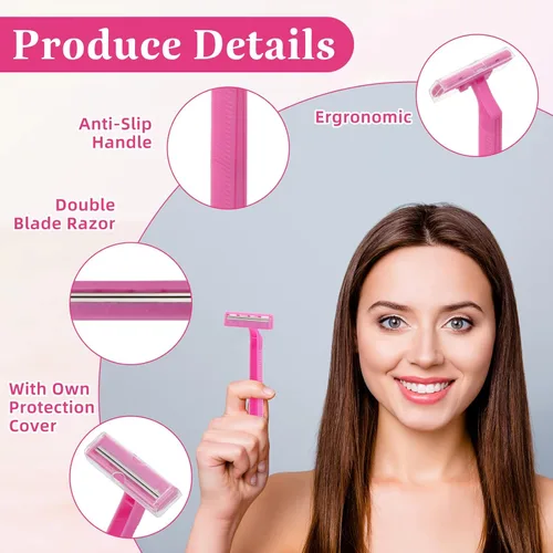 Miniatura 3 de Hanaive Maquinillas de afeitar desechables para mujer, doble hoja, desechable, de acero inoxidable, calidad hotelera, multiusos, portátil, Rosa