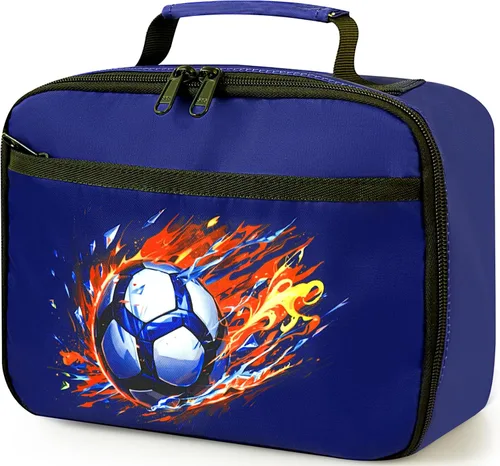 Lonchera para niños y niñas, con aislamiento, reutilizable, hielera para niños pequeños, escuela, guardería, picnic (pelota de fútbol, azul marino)