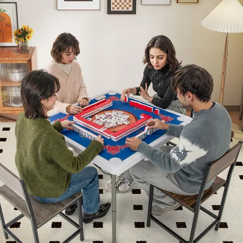 Miniatura 9 de Goplus Mesa de Mahjong, mesa plegable cuadrada de 35" con 4 portavasos, alfombrilla antideslizante, superficie de HDPE, patas de metal, mesa