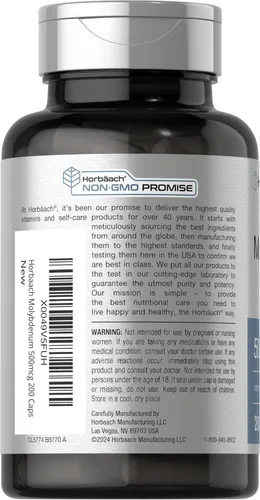 Miniatura 3 de Horbaach Suplemento de molibdeno 500mcg 200 cápsulas Quelato de aminoácidos Sin OMG, sin gluten