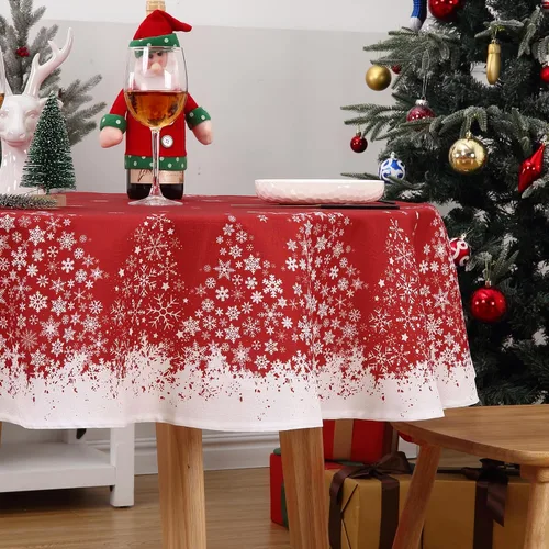 Miniatura 2 de ROYGROW Mantel Redondo de 60 Pulgadas para Navidad con Copo de Nieve y Árbol de Navidad Impreso, Fundas Decorativas Lavables para Cenas de Fiestas