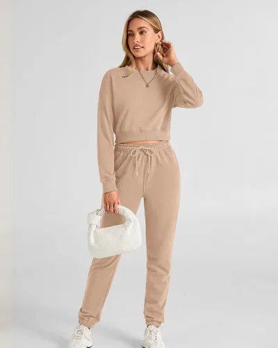 Miniatura 71 de BTFBM Conjunto deportivo de 2 piezas para mujer, camiseta corta de manga larga, sin botones, pantalón con cordón ajustable, pantalones deportivos