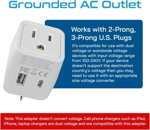 Miniatura 3 de Ceptics Adaptador de viaje para Australia, Nueva Zelanda y China, entrada USB dual, ultracompacto, de Estados Unidos a tipo I, perfecto para Blanco