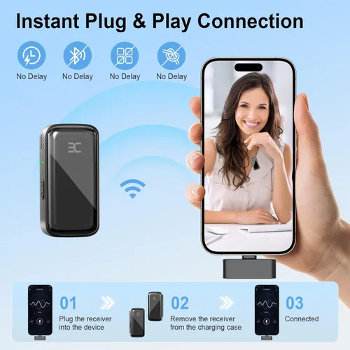 Miniatura 6 de EX Sistema de micrófono inalámbrico Lavalier, micrófonos de doble clip + funda de carga, rango de 164 pies Plug-and-Play para iPhone/Android