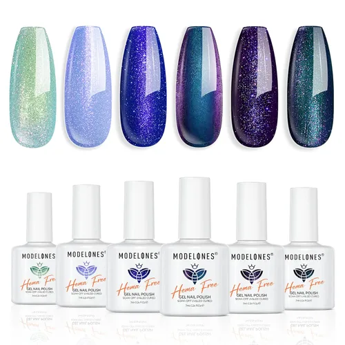 modelones Juego de esmaltes de uñas de gel con purpurina, sin hema, 6 colores, Chameleon Aurora Shimmer Glitter Kit de esmalte de gel azul, verde,
