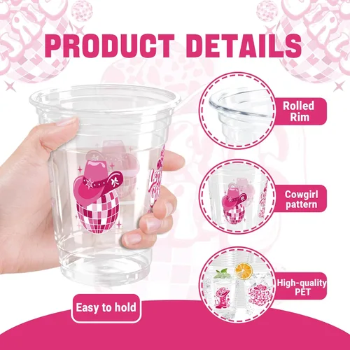 Miniatura 3 de 100 Piezas Vasos de Plástico Rosa Fiesta Vaquera Occidental 12 OZ Vasos Desechables Disco, Diseños de Sombrero Vaquero, Bota y Bola Disco