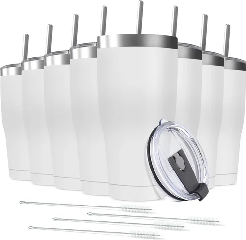 Miniatura 14 de Paquete de 8 vasos de acero inoxidable de 30 onzas a granel reutilizables con tapa, taza de café con recubrimiento de polvo de doble pared