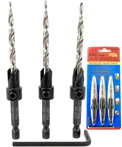 Miniatura 13 de FTG USA Juego de brocas avellanadoras de madera ajustable, 5 piezas, broca avellanadora #4 #6 #8 #10 #12 con broca cónica para carpintería