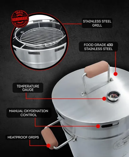 Miniatura 7 de El Barril Lite Parrilla Ahumadora de Barril Grande, Acero Inoxidable 430, Capacidad de 45 Libras, 14 Ganchos para Carne, Parrilla Superior y Mango
