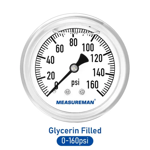 Miniatura 2 de MEASUREMAN - Manómetro de plomería relleno de glicerina, tamaño del dial de 2.5 pulgadas, 0 a 160 psi, caja de acero inoxidable, montaje trasero NPT