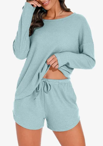 Miniatura 3 de PrinStory Conjunto de pijama para mujer, conjunto de 2 piezas de punto gofre, conjunto de ropa de descanso con bolsillos
