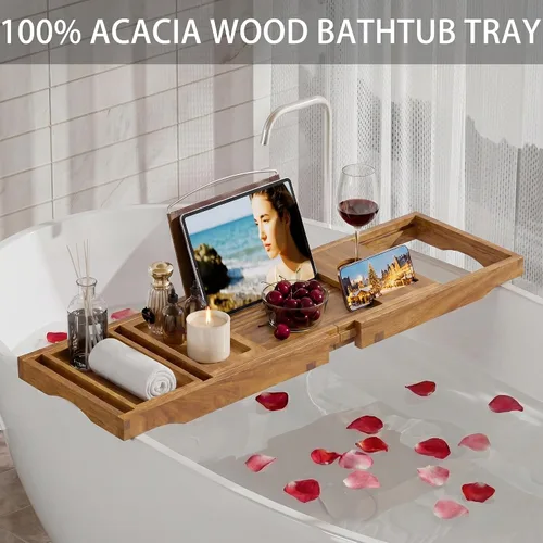 Miniatura 2 de Bandeja de bañera de madera de acacia, bandeja de baño plegable para bañera, bandejas de mesa de baño expandibles, accesorios de bañera y baño