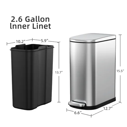 Miniatura 6 de KUK Cubo de basura delgado para baño con tapa, 2.6 galones (10 L) cubo de basura pequeño de acero inoxidable con pedal y cubo interior extraíble