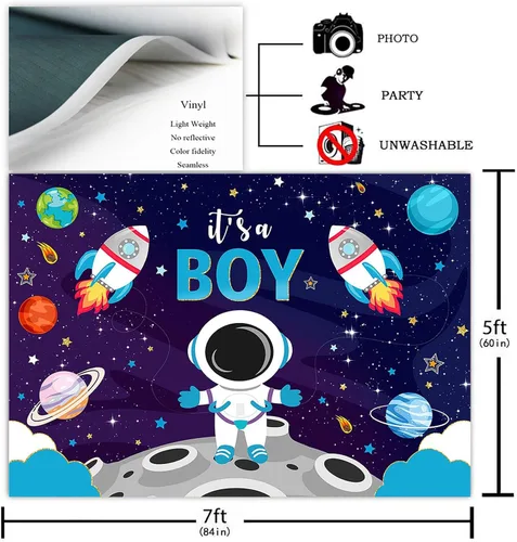 Miniatura 2 de Avezano Telón de fondo para baby shower con texto en inglés "It's A Boy", astronauta azul, decoración de fiesta de baby shower, temática