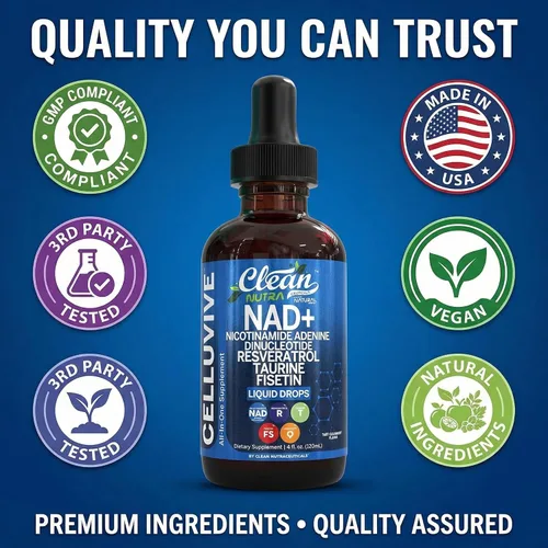 Miniatura 8 de Clean Nutra NAD Suplemento Líquido Gotas Resveratrol Polifenoles Liposomal Taurina Fisetina Extracto de Semilla de Uva Hierba Carmín Fo Ti Anti