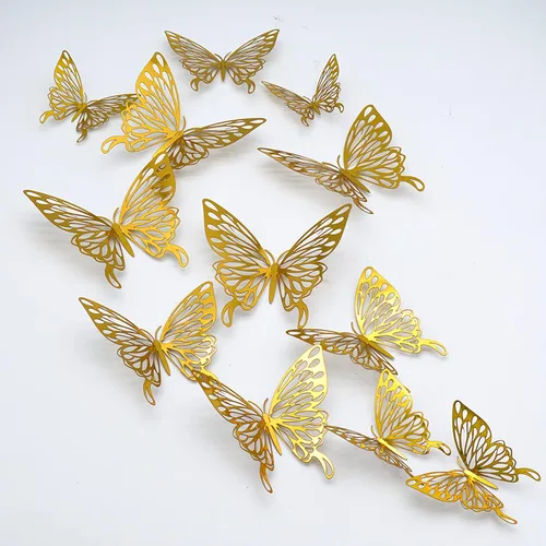 Calcomanías de pared 3D con diseño de mariposa, 24 unidades, 3 tamaños, removibles, doradas, mariposas, decoración de fiestas, calcomanías de pared