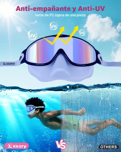 Miniatura 3 de Keary - Paquete de 2 gafas de natación para niños con cubierta nasal, anti-UV, antiempañamiento, para piscina y agua, para niños de 3 a 12 años