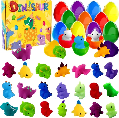 JOICEE 24 huevos de Pascua rellenos de dinosaurio, juguetes esponjosos Kawaii Mochi Squishies para aliviar el estrés, huevos de Pascua de plástico