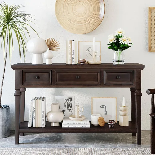Mesa consola de 50 pulgadas, estilo retro clásico, con 3 cajones de almacenamiento y estante inferior, mesa auxiliar estrecha de madera maciza para