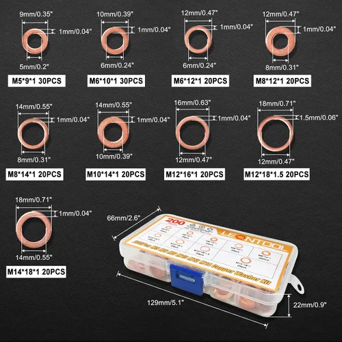 Miniatura 7 de Juego de 200 arandelas de sellado métricas de cobre, 9 tamaños, arandelas de cobre con caja de almacenamiento, anillo plano, tapón de sumidero