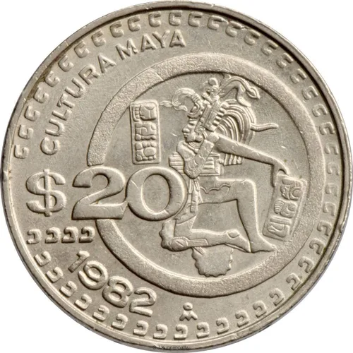1980-1984 Mo 20 Peso Mexicano Moneda Jugador de Pelota Azteca, Moneda Celebrando Cultura Nativa. 20 Peso Calificado Por Vendedor Condición Circulada