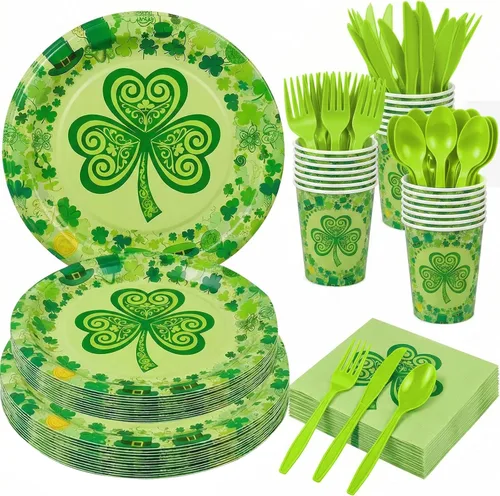 Juego de vajilla de 168 piezas del día de San Patricio para 24 invitados, platos de trébol verde, vasos, servilletas y cubiertos, kit de suministros