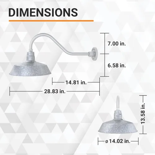 Miniatura 4 de 14 pulgadas. RLM Warehouse - Pantalla con brazo de cuello de cisne y bombilla Led A19 5000K de 9W Galvanizado (paquete de 1)